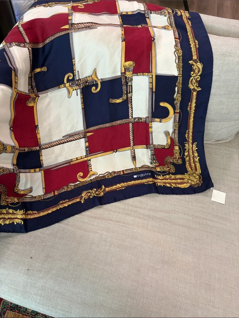 Fabiani 100% Silk Ornate Scarf— NWT—STUNNING!  Equestrian Hand Sewn Edges—Navy
